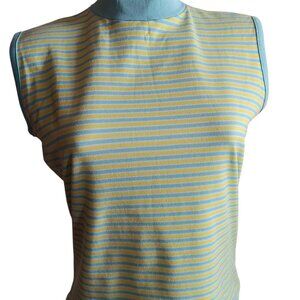 Large Vintage Sleeveless Top 1970's Striped Yellow/Blue Stretch Knit Mod Mom